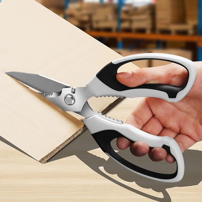Utility Scissors Heavy Duty: sharp Scissors All Purpose heavy duty, Easy Cutting Carpet, Cardboard, Wires, Leather, Fabric（8'' White）
