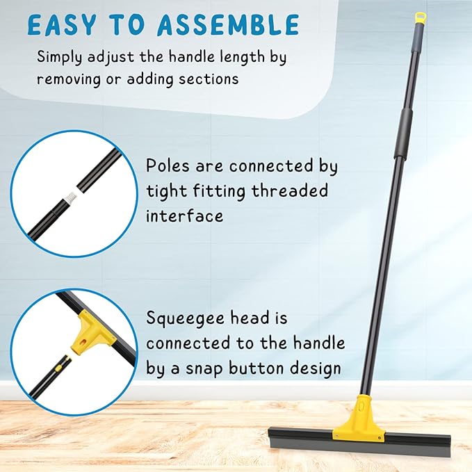 Squeegee Broom for Floor, 18'' Heavy Duty Rubber Wiper with 60'' Long Handle for Bathroom Tile, Garage Concrete, Deck, Shower Glass, Window Cleaning