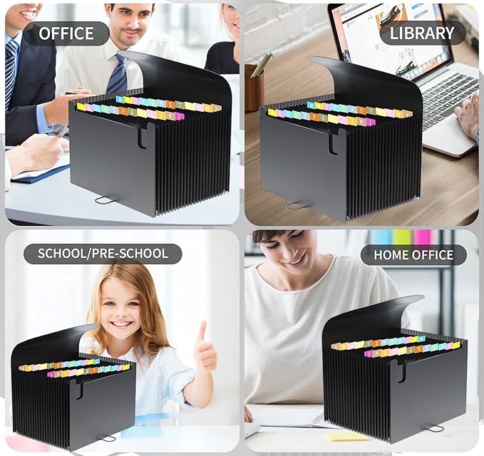 24 Pockets Expanding File Folder,Accordion File Organizer,Document Organizer Letter Size,Expandable Filing Box,Special Designed for Portable Use,Accordian Folders,Plastic (Black)