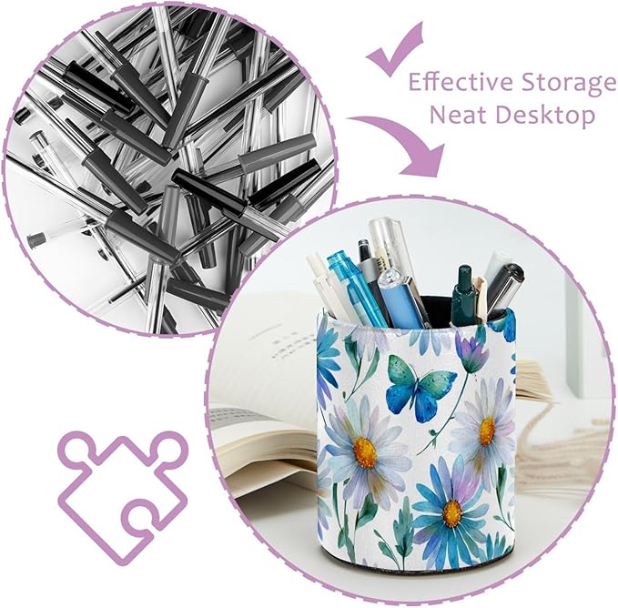 Leather Pen Holder for Desk Butterfly Daisy Pencil Cup Desktop Organizer Makeup Brush Holders Office Supplies for Home, Kids & School