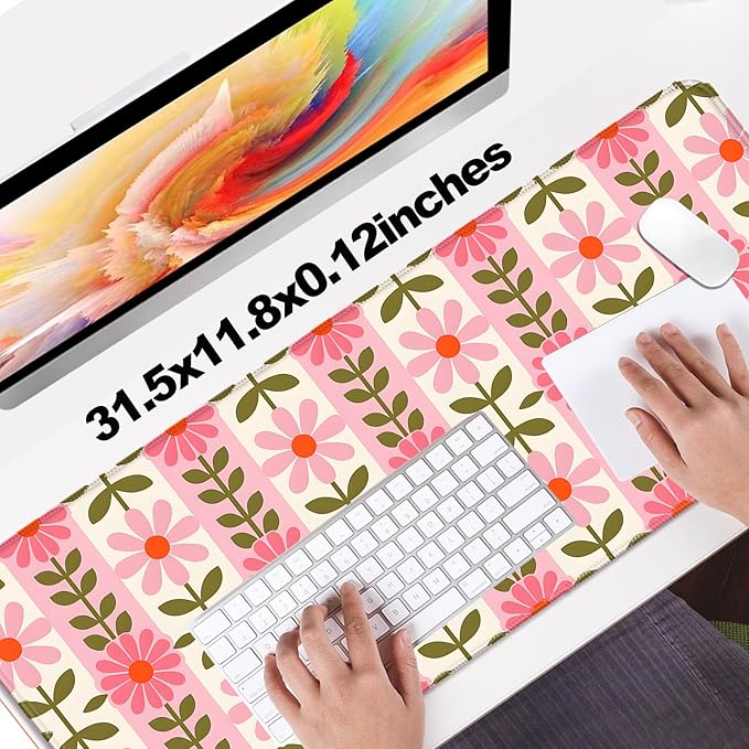 Pretty Pink Flowers Gaming Desk Mat, Computer Keyboard Large Extended Long Floral Mouse Pad for Office and Home, XL (W11)