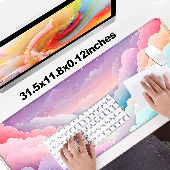 Dreamy Colorful Cloud and Star Gaming Desk Mat, Computer Keyboard Large Extended Long Girly Mouse Pad for Office and Home, XL (W08)