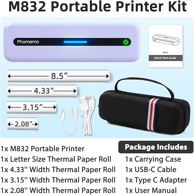 Phomemo Portable Thermal Printer, Bluetooth Portable Printers Wireless for Travel, M832 Inkless Mobile Printer for Phone Laptop, Support 8.5''x11''/A4/4.33''/3.15''/2.08'' Thermal Paper, with Case