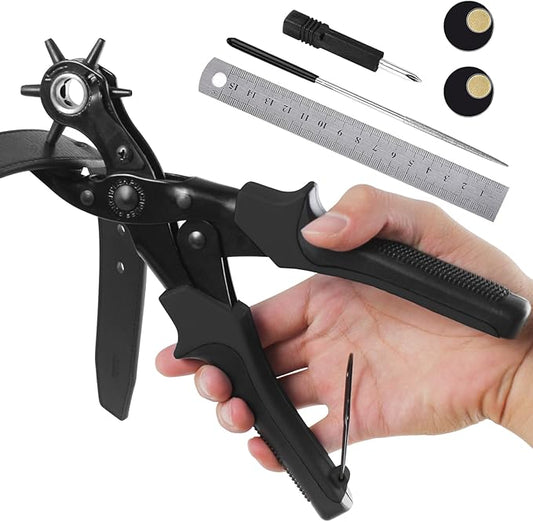 Diyife® Leather Hole Punch, Heavy Duty Belt Hole Punch, Revolving Punch Plier Kit with Extra Grinding Needle, Punch Plates, Ruler and 6 Marked Hole Sizes for Watch Band, Crafting, Fabric - Black