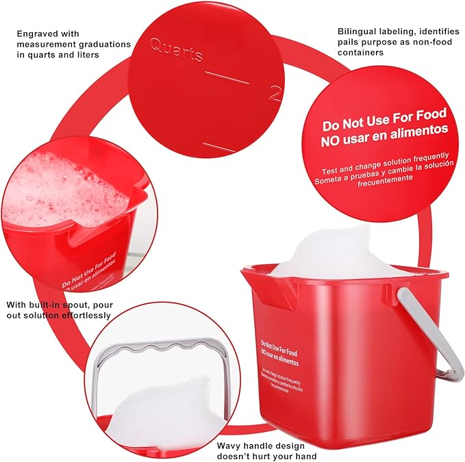 6 Pcs 6 Quart Cleaning Bucket Small Sanitizing Square Bucket Detergent Pail for Home Commercial Restaurant Kitchen Office School(Red)