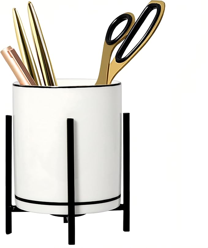 Ceramic Pencil Cup for Desk, White and Black Pen Holder for Desk, Desktop Makeup Brush Holder, Black Ceramic Pencil Holder