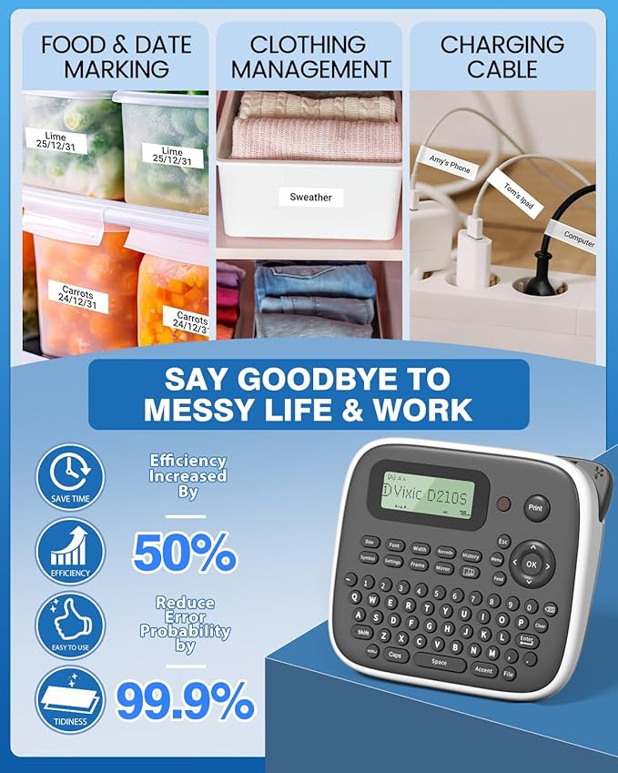 Vixic Label Makers, Label Maker Machine with-Tape 12mm 0.47 Laminated White, D210S Portable Label Maker with Keyboard, Labeling Machine with Multiple Fonts for Home Office Organization