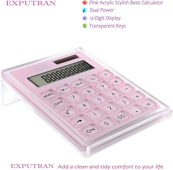Acrylic Calculator with Stand, Battery and Solar Hybrid Powered Basic Calculator 12-Digit LCD Display,Home Office Desktop Accessories(Pink)