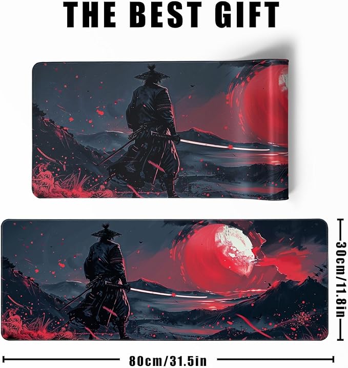 Black Desk Mat Japanese Samurai Mouse Pad XL Red Anime Big Mousepad Gaming Large Mouse Pad for Men Desk Pad with Stitched Edges Non-Slip Large Computer Mat, 31.5x11.8 in