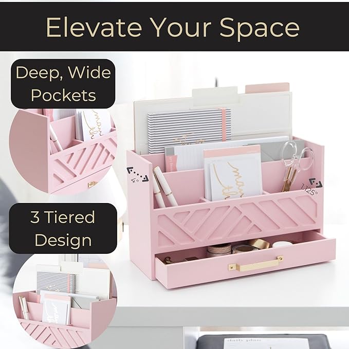BLU MONACO Pink Wooden Desk Organizer with Storage Drawer and Gold Handle – Cute Office Supplies Holder – Mail Storage for Desktop at Home, Office, or Workspace