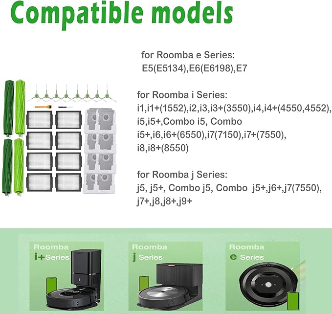 Dovlazm Replacement Parts for iRobot Roomba i7 i7+ i3 i3+ i4 i6 i6+ i8 i8+/Plus E5 E6 E7 J7 i5+j5+ I,E &J Series Vacuum Cleaner,2 Set Roller Brushes 8 Filters 8 vacuum bags 10 Side Brushes