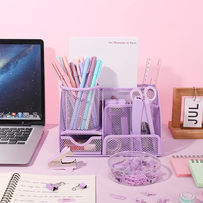 Purple Mesh Desk Organizer and Accessories, Purple Office Supplies 7 Compartments Desk Organizer with Stapler,Tape Dispenser,1000 Staples,Pen Holder,Staple Remover,Clips,Ruler,Scissors
