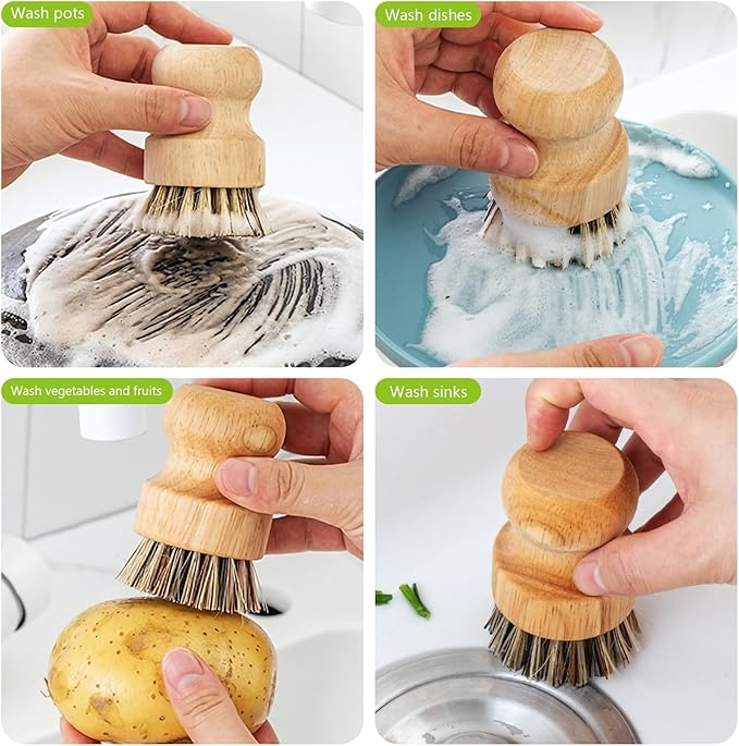 Natural Wooden Dish Brush，Kitchen Bamboo Scrub Brush for Dishes，2 Pack (Style-A, Large)