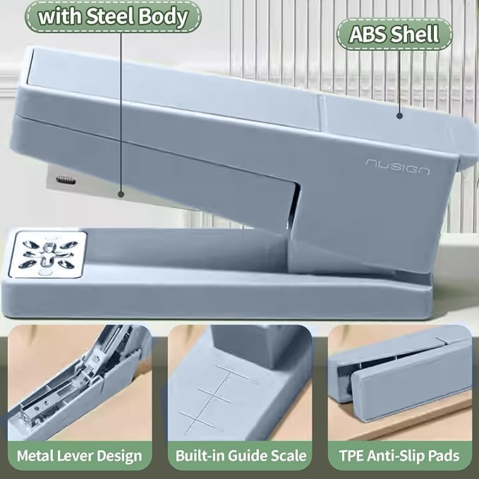 Swing-Arm Desktop Stapler, 360° Rotating Base, 25-Sheet Capacity, Fits 24/6 & 26/6 Staples, Durable Metal Build with Non-Slip Pad for Office & Home Use （Blue）