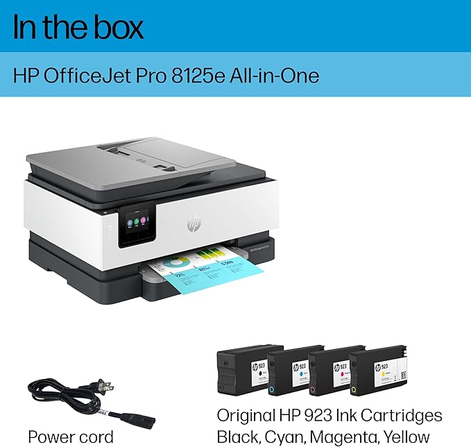 HP OfficeJet Pro 8125e Wireless All-in-One Color Inkjet Printer, Print, scan, Copy, ADF, Duplex Printing Best-for-Home Office, 3 Month Instant Ink Trial Included, AI-Enabled (405T6A)