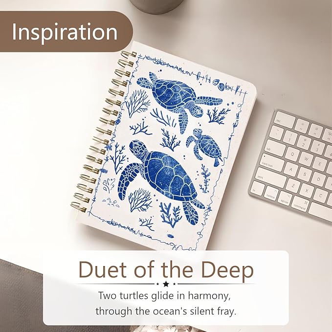 Cute Spiral Notebook journal A5 Aesthetic Pretty Floral Design for Women Girls Kawaii with Pocket, 8.5 x 5.7 inch, Turtle