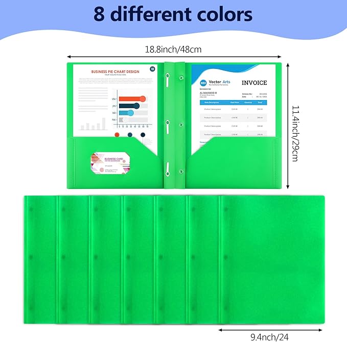 8 Pack Plastic Folders With 2 Pockets, Colorful Letter Size File Folders With Prongs and Business Card Slots for School Office