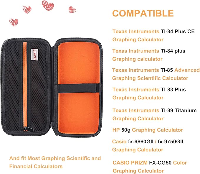 BOVKE Hard Carrying Case for Texas Instruments TI-84 Plus CE/TI-84 Plus/TI-83 Plus CE/TI-83 Plus/Casio fx-9750GIII Graphing Calculator, Extra Pocket for USB Cables, Manual, Pencil, Ruler, Black