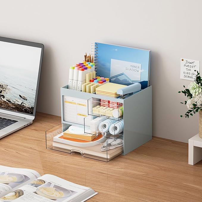 Marbrasse Desk Organizer with 3 Drawer, Multi-Functional Pencil Pen Holder for Desk, Desktop Organizer Storage for Office Home Art Supplies (Blue)