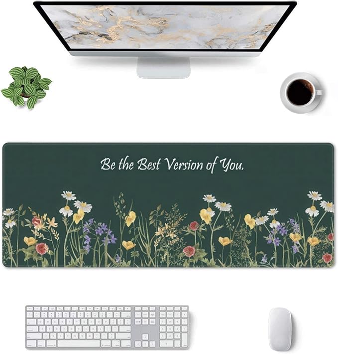 Floral Inspirational Quote Large Mouse Pad, Flowers Gaming Desk Mat, XL Keyboard Desk Pad Mat for Desktop, 31.5"x11.8" Non-Slip Base Big Mousepad with Stitched Edges