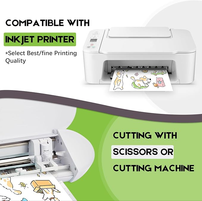 30 Sheets Premium Printable Vinyl Sticker Paper for Inkjet Printers Glossy White 8.5x11 Inch Waterproof & Vibrant Colours Retains Ink Well Tear Resistant Great for Cutting Machines