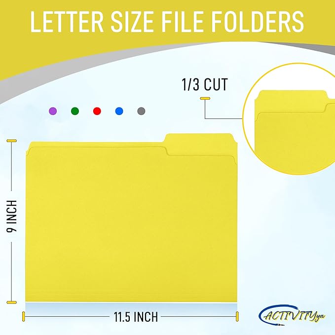 Yellow File Folders, 1/3-Cut Tabs, Letter Size, 12-Pack – Durable Office Filing Folders for Documents, Papers, and Organization