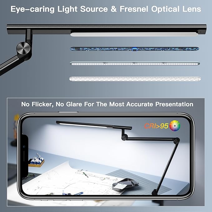 VERSKI LED Desk Lamp, Desk Light for Home Office, Dual Light Source 18W Brightest, Eye-Caring Optical Lens, Office Lamp, 5 Color Modes & Brightness, Aluminum Alloy Drafting Light, Clamp Lamp