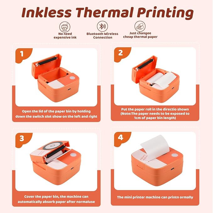 Mini Thermal Sticker Maker - Bluetooth Portable Printer with 10 Rolls Paper | Wireless Compact Device for Study Notes, Journals, Receipts | Home, Office, School Use