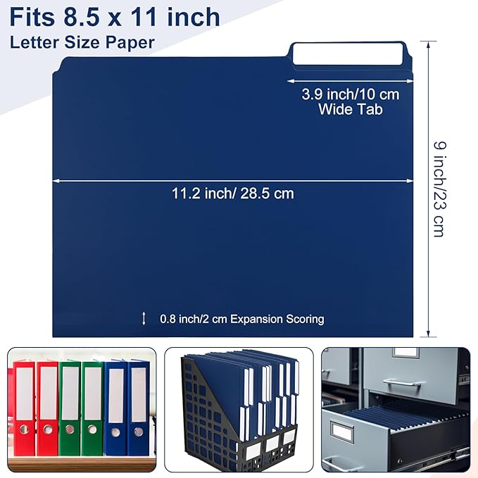 48 Pack Colored Plastic File Folders with Tabs and Sticky Labels Sturdy 1/3 Cut Tab Manila File Folders Letter Size 8. 5 x 11 Inch for Office Home Supplies Organizer Documents(Navy Blue)