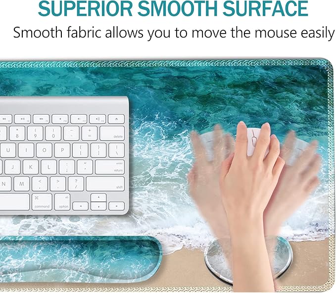 ARTSO Extended Gaming Mouse Pad Set, Keyboard Wrist Rest Support Pad + Wrist Cushion + XXL Large Mouse Pad + Coaster, Stitched Edge, Non-Slip, Memory Foam Desk Mat, Beach Waves