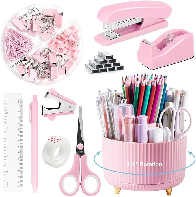 10pcs Office Staffs Desk Accessories, Pink Office Supplies Set for Women, Desk Organizer with Stapler, Staple Remover, Tape Dispenser, Tape, 360° Pen Holder, Scissor, Ruler, Ballpoint Pen, Clips