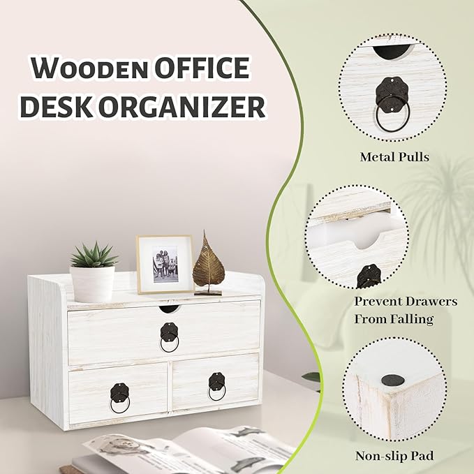 Wood Desk Organizer with Drawer, White Wooden Desktop Organizer, Tabletop Storage Organization Box for Countertop, Home Office Supplies (3 Drawer and Shelf)