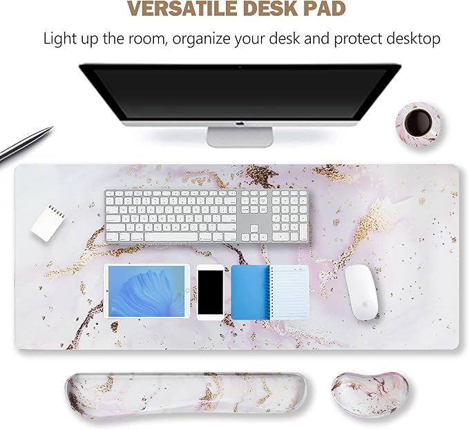 ARTSO Large Gaming Mouse Pad, Keyboard Wrist Rest Pad & Wrist Support Mousepad Set, Stitched Edge, Extended, Non-Slip Base, Memory Foam,Multifunctional Desk Mat 4pcs for Office & Home, Pink Marble