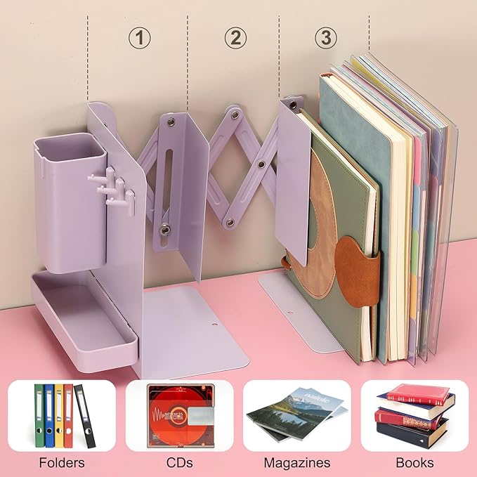 PATIKIL Adjustable Book Ends, 6.5" Tall Heavy Duty Metal Adjustable Bookends Book Holders Organizer with Removable Pen Holder Tray and 3 Hook-up for Heavy Books Desk Office Home, Green