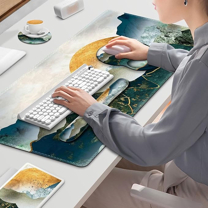 Gaming Mouse Pad, Large Desk Mat, Cute Desk Pad Protector, 4in1 XXL Mousepad +Keyboard Wrist Rest+Mouse Wrist Rest+Coaster Set with Ergonomic Desk Pad for Home Office Table Computer Green Mountain