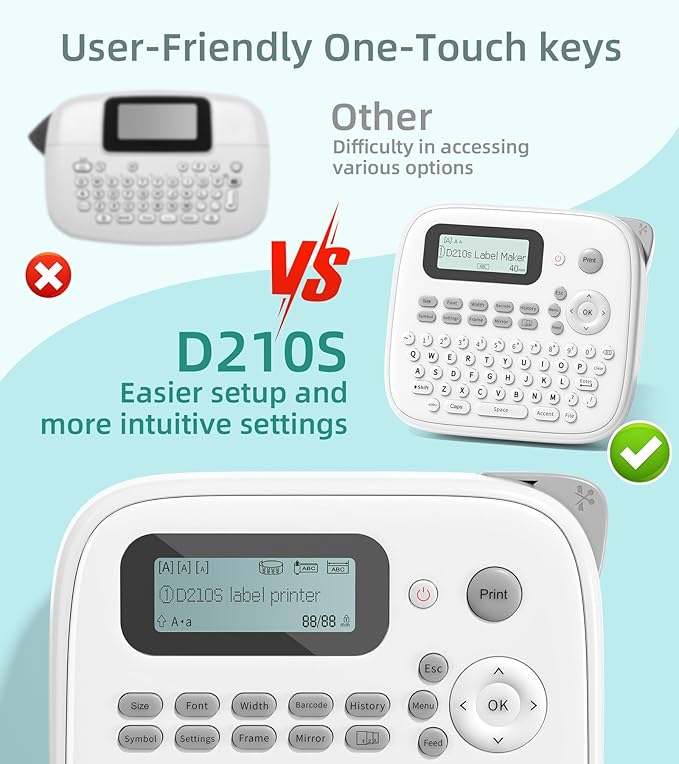 D210s Label Maker Waterproof-Labels, Label Machine with-Tape Laminated 12mm 0.47 White, Portable Labeling Maker with Keyboard & One-Touch-Keys, for Home Kitchen Office School Organization