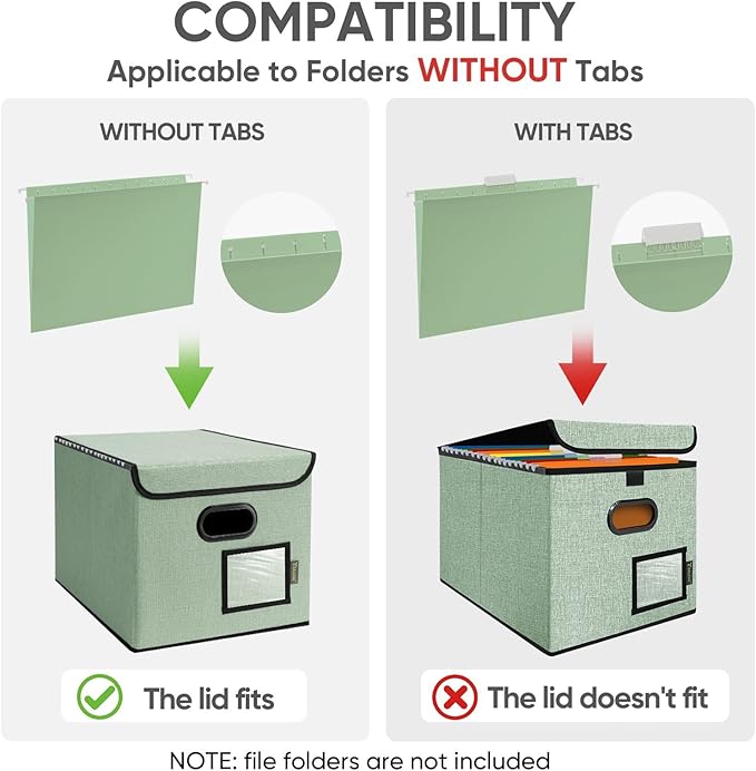 BALEINE File Organizer Box with Lid, Collapsible File Folder Organizer with Plastic Slide, Hanging File Folder Box for Office Document Storage (2 Pack, Green)