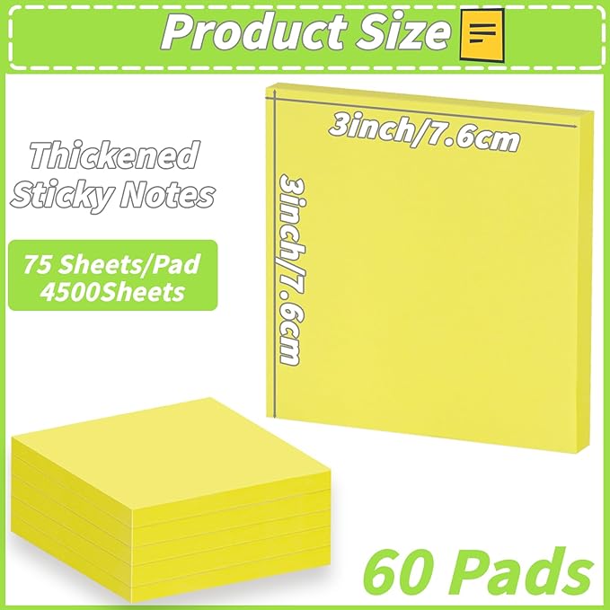 (60Pack) Sticky Notes 3x3, Yellow Sticky Pads, Self-Stick Pads,Self-Stick Pads 75 Sheets/Pad, Easy to Post for Teacher Student School Office Meeting Blank Desk Pads,Total 4500 Sheets