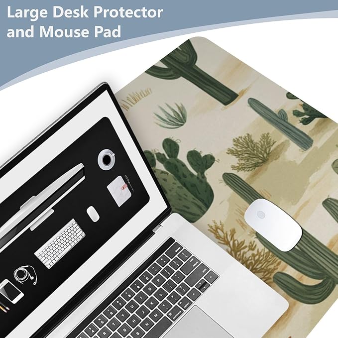 Mouse Pad Desk Mat Leather Desk Pad Large Gaming Desk Cover Protector Mat for Keyboard Computer Laptop Office Waterproof 47.2 x 23.6 Inch Cute Cacti Desert Cowboys Horses