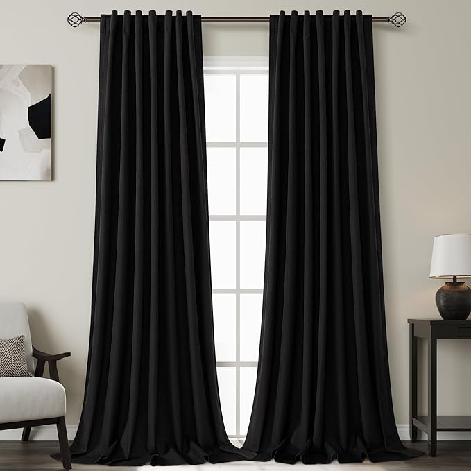 100% Blackout Linen Curtains 100 Inches Long 2 Panels for Bedroom Back Tab Pinch Pleated Black Out Curtain Modern Urban Noise Cancelling Total Light Blocking Window Drapes 100 Inch Length,Black