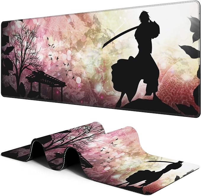 Large Gaming Mouse Pad for Desk Japanese Warrior Big Desk Mat Extended Mousepad with Stitched Edge and Non-Slip Base Long Computer Keyboard Mouse Mat for Home Office Work, 11.8 x 31.5 Inch