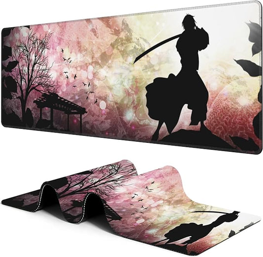 Large Gaming Mouse Pad for Desk Japanese Warrior Big Desk Mat Extended Mousepad with Stitched Edge and Non-Slip Base Long Computer Keyboard Mouse Mat for Home Office Work, 11.8 x 31.5 Inch