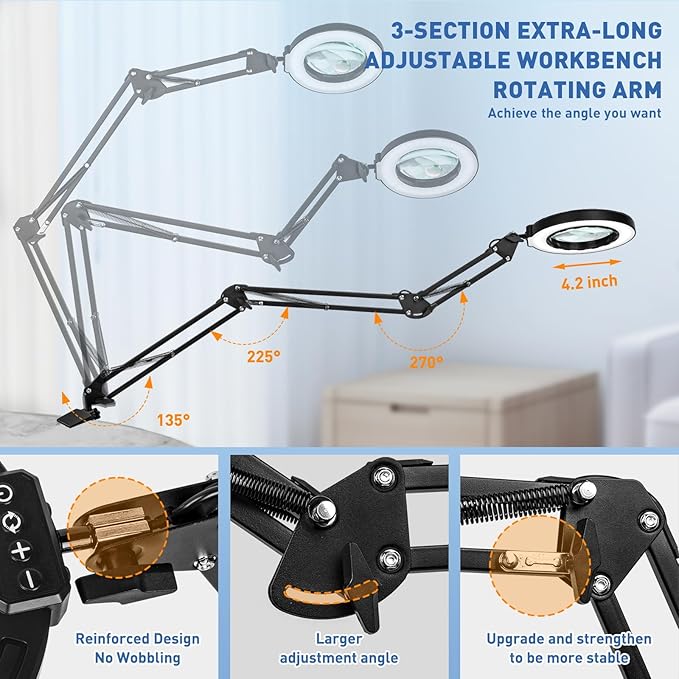 HITTI Ultra Long 12X & 30X Magnifying Glass with Light and Clamp, 5 Color Modes Steepless Dimming Desk Lamp, Swivel Arm Workbench Light, Hands Free Lighted Magnifier Stand for Craft Reading Hobby