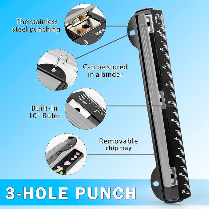 WorkLion 3 Ring Hole Punch for Binder, Portable Puncher, Office Assistant, Black