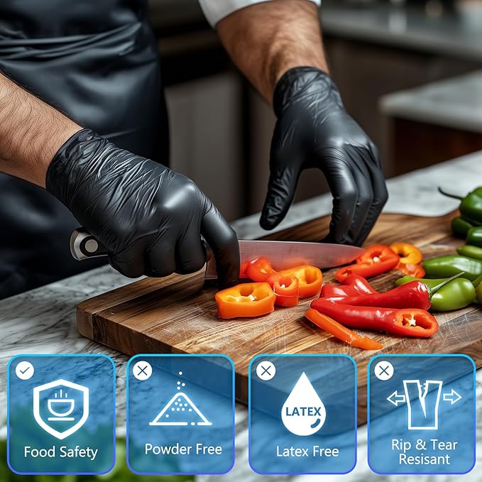 squish Disposable Gloves Black, 100 Count 4 mil Vinyl Gloves Exam Glove Latex Free Powder-Free Cleaning Rubber Glove for Kitchen Cooking Cleaning Food Handling(Medium)