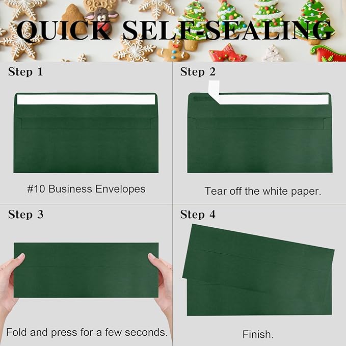 100 Pack Dark Green #10 Business Envelopes, Standard Envelopes Self Seal, 4 1/8 x 9 1/2 Inch Letter Size Business Mailing Envelopes for Checks Invoices Statements Baby Shower Christmas Birthday