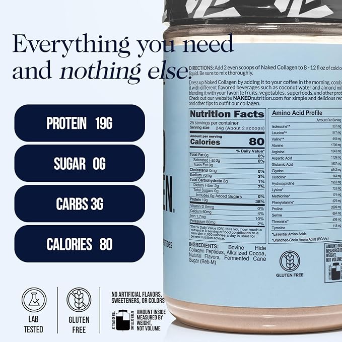 NAKED Chocolate Collagen Peptides Protein Powder, 24 Servings, Pasture-Raised, Grass-Fed Hydrolyzed Collagen Supplement, Paleo Friendly, Non-GMO, Keto, Gluten Free, 20oz