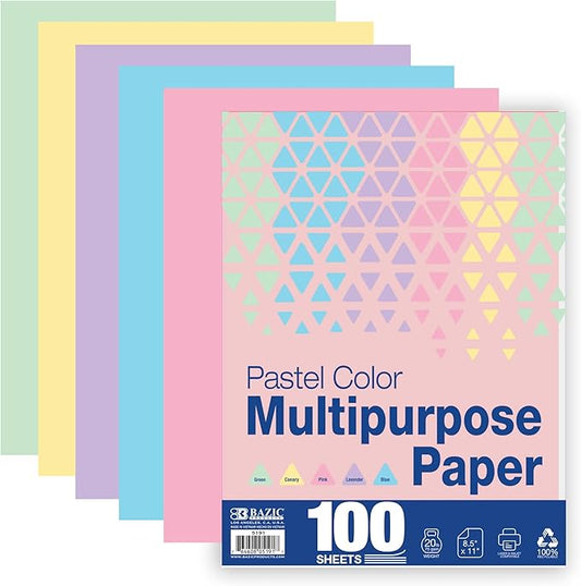BAZIC Blank Paper Copy & Multipurpose Paper 8.5" x 11" – 100 Sheets Pastel Color Printer Paper for Inkjet, Laser, and Fax Machines – Printing Paper for Office, School, and Crafts, 1-Pack