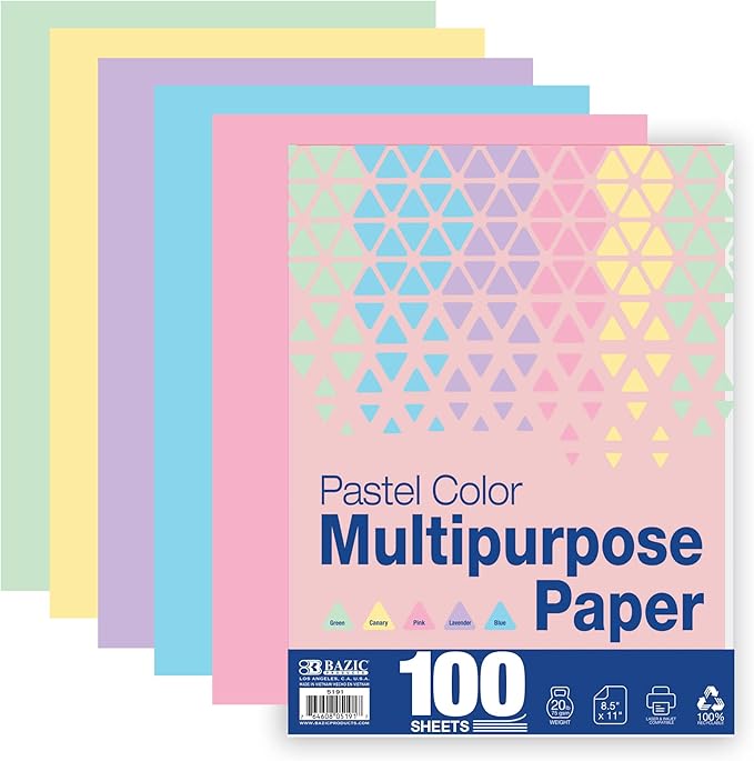 BAZIC Blank Paper Copy & Multipurpose Paper 8.5" x 11" – 100 Sheets Pastel Color Printer Paper for Inkjet, Laser, and Fax Machines – Printing Paper for Office, School, and Crafts, 12-Packs