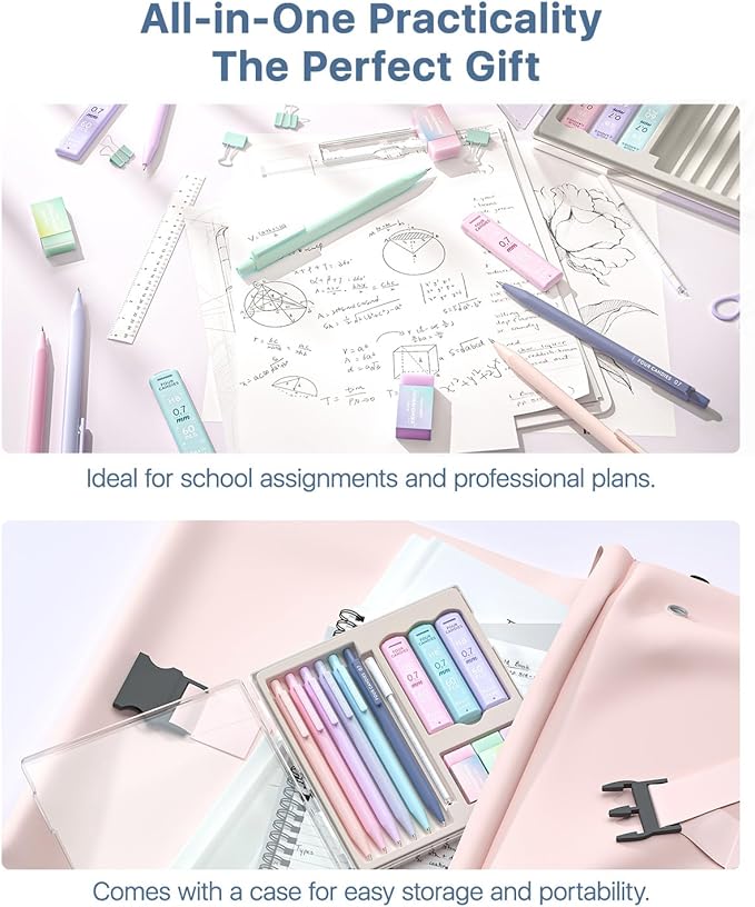 Four Candies Mechanical Pencils 0.7mm, with HB & 2B Lead Refills 0.7, Pastel Eraser Set & Eraser Refills, 16-Count Pack with Case, Cute Aesthetic School Supplies for Writing, Drawing and Sketching